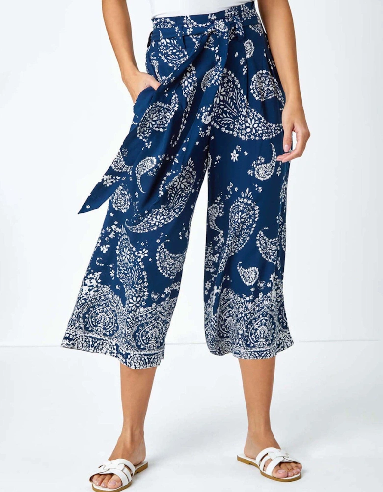 Paisley Print Wide Leg Cropped Trousers - Navy