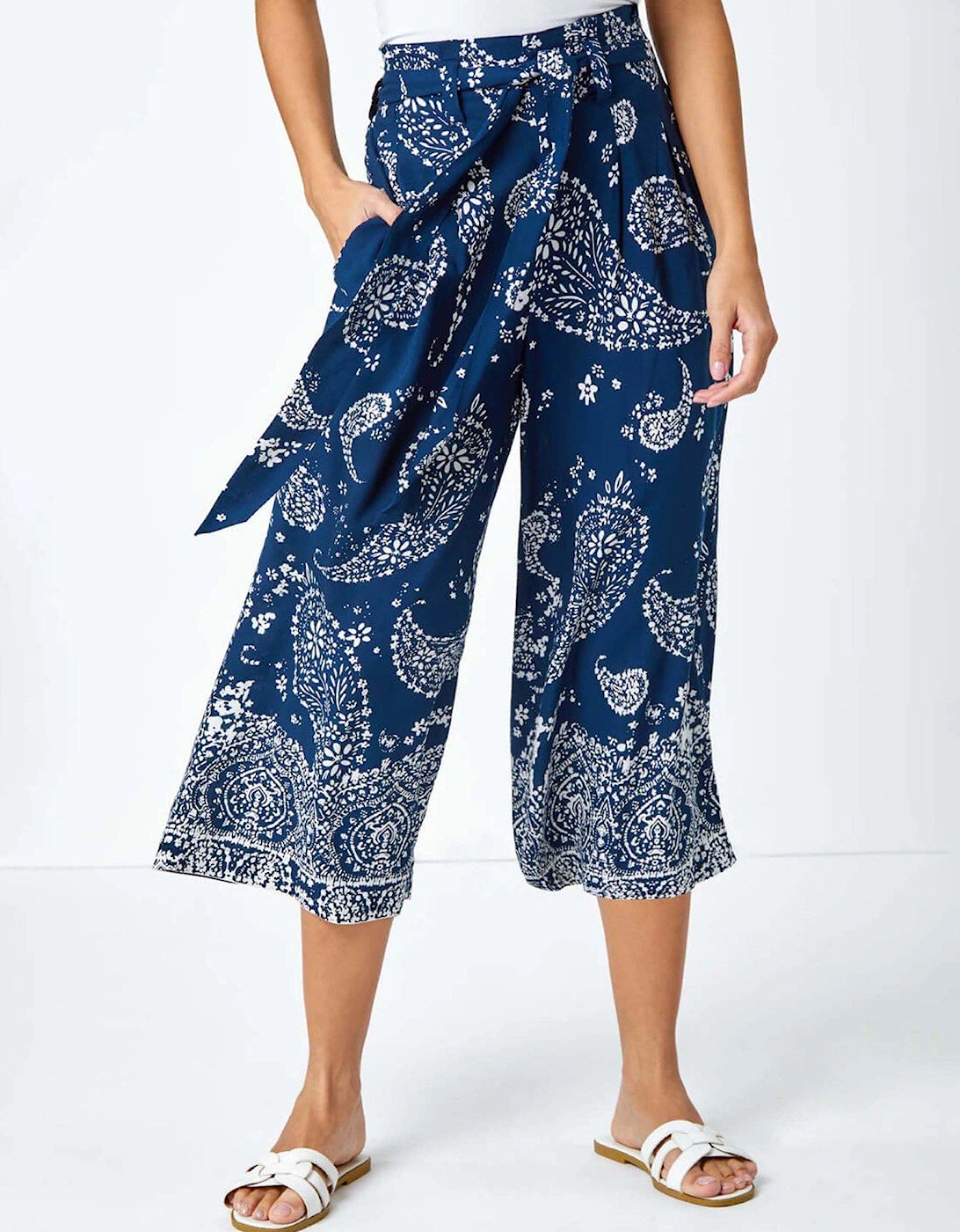Paisley Print Wide Leg Cropped Trousers - Navy, 2 of 1