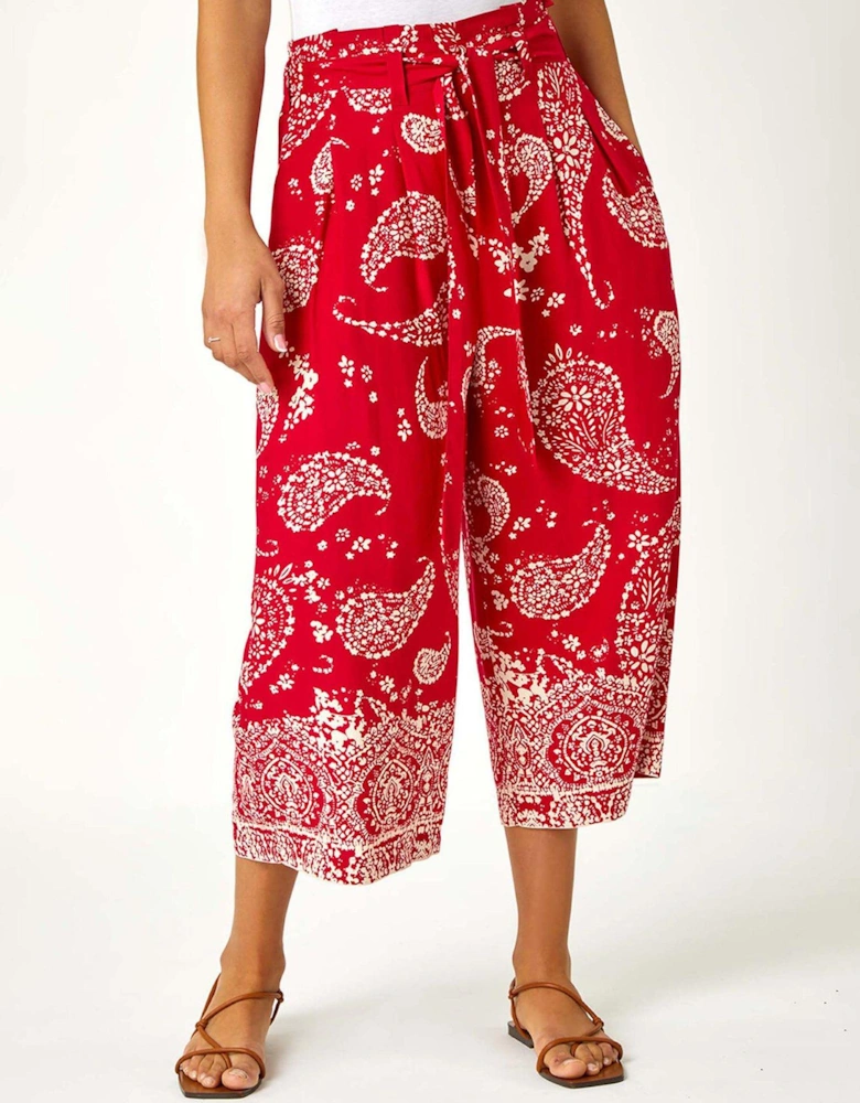 Paisley Print Wide Leg Cropped Trousers - Red