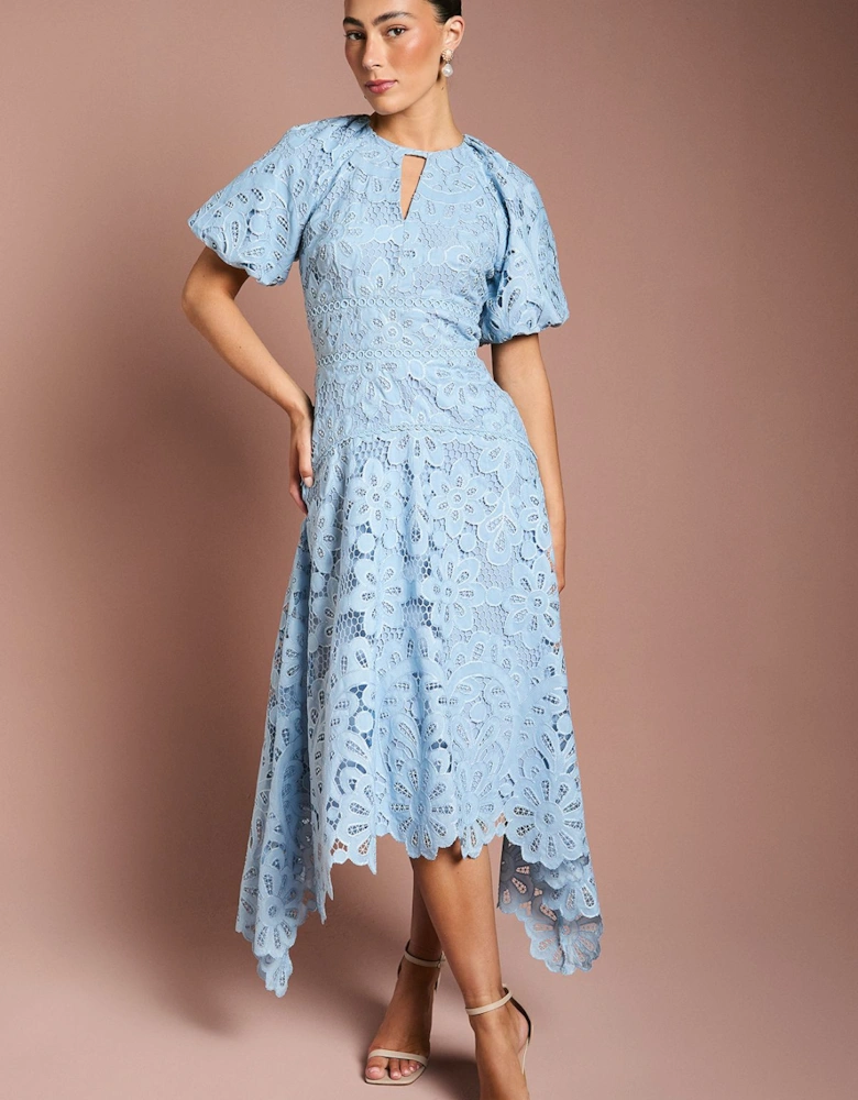 Lace Hanky Hem Puff Sleeve Dress