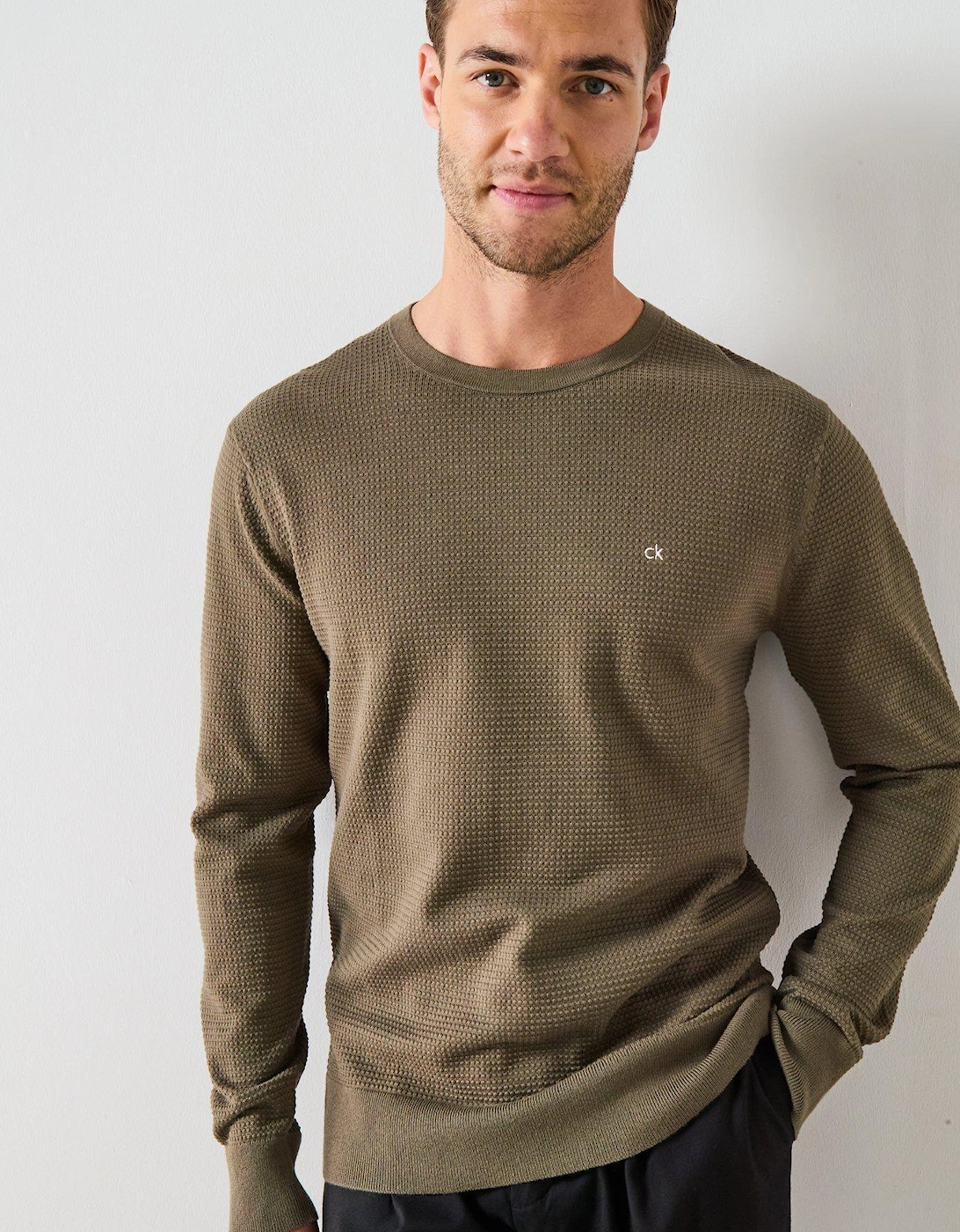 Waffle Texture Crew Neck Knitted Jumper - Dark Grey, 2 of 1