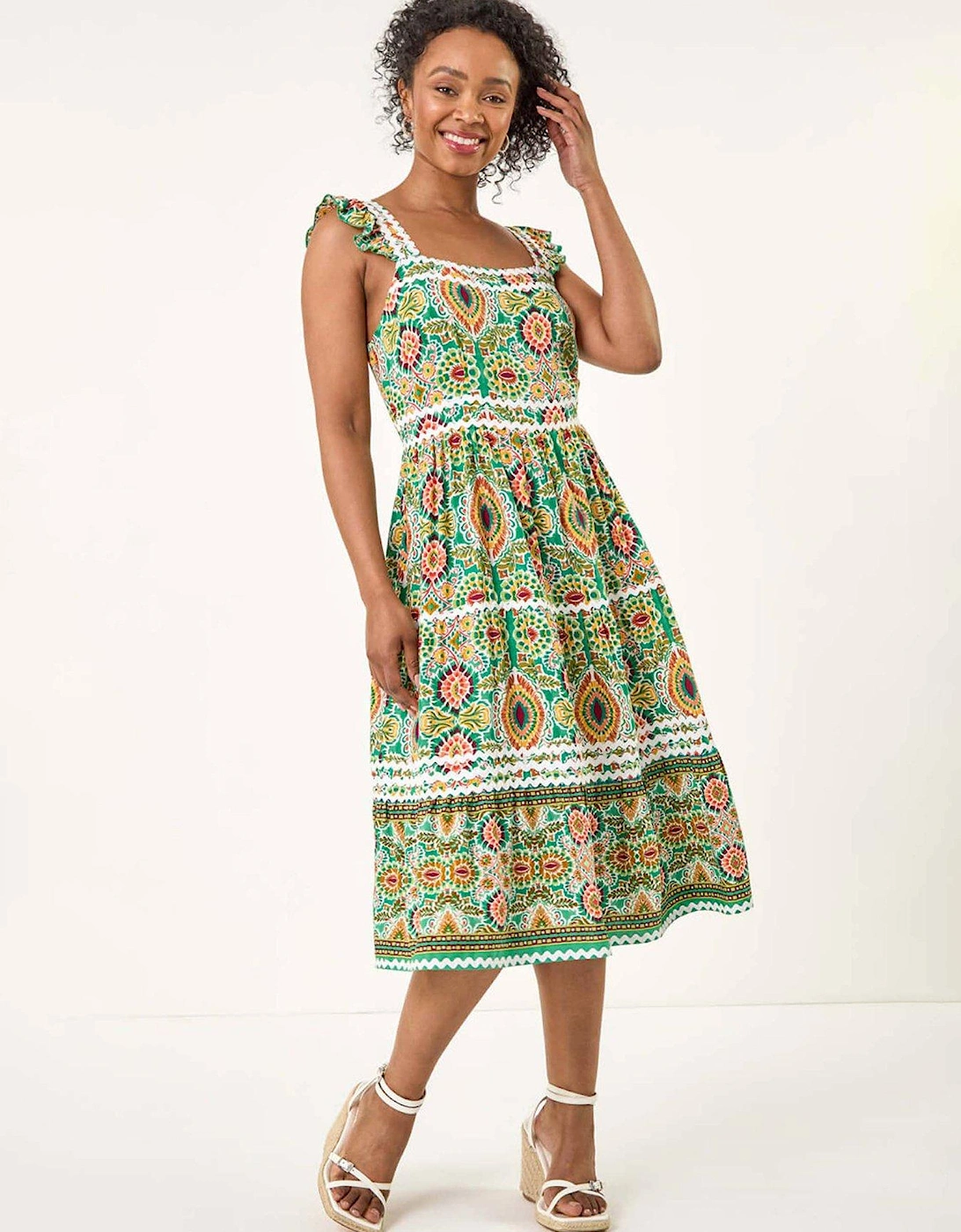 Petite Abstract Frill Ric Rac Midi Dress - Green, 2 of 1