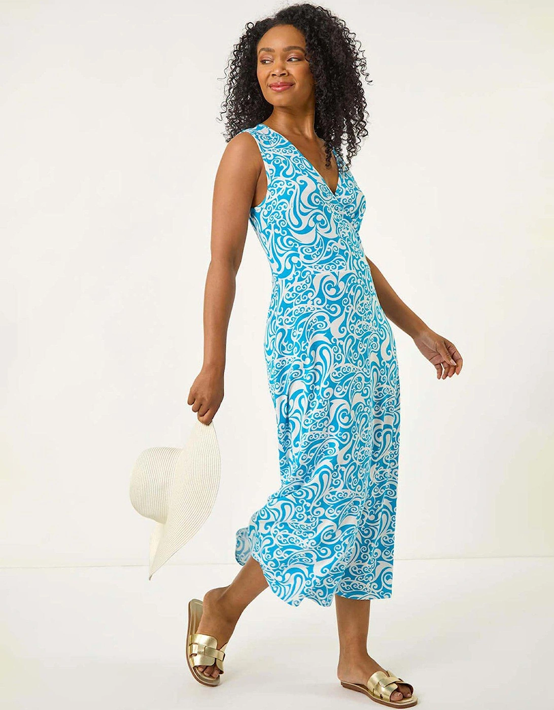 Petite Abstract Print Wrap Midi Dress - Blue, 2 of 1