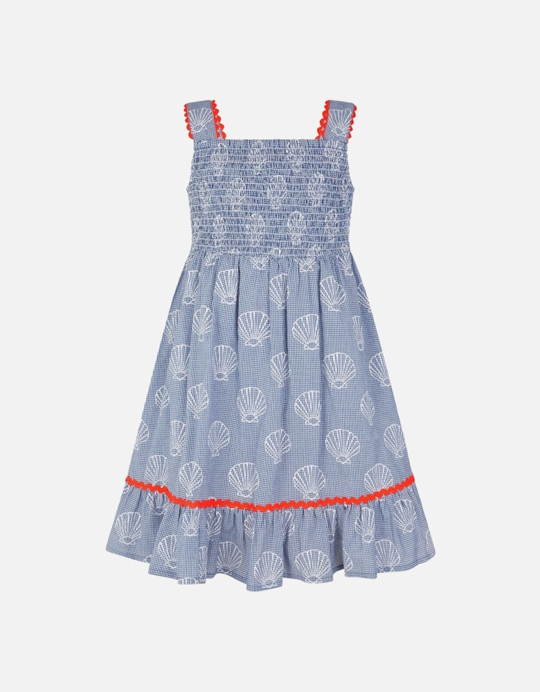 Girls Gingham Shell Printed Dress - Blue