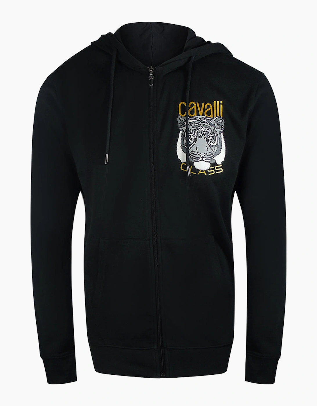 Roberto Cavalli Men's Black Cavalli Class Bold Tiger Graphic Logo Zip-Up Hoodie  38 M
