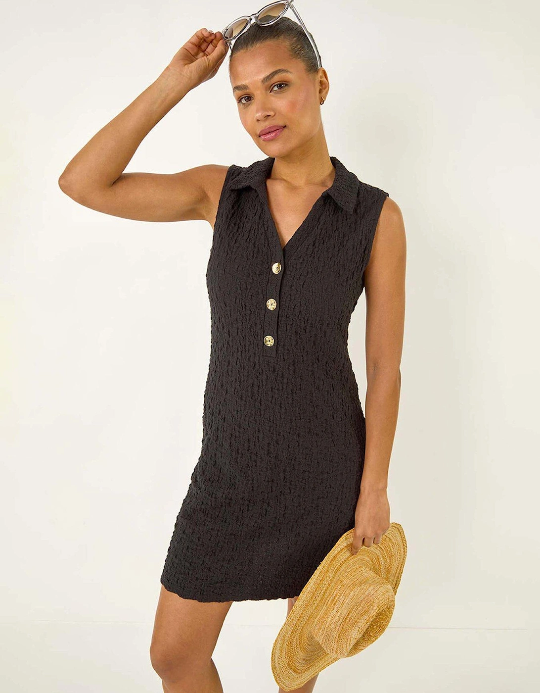 Crinkle Collared A-line Stretch Dress - Black, 2 of 1