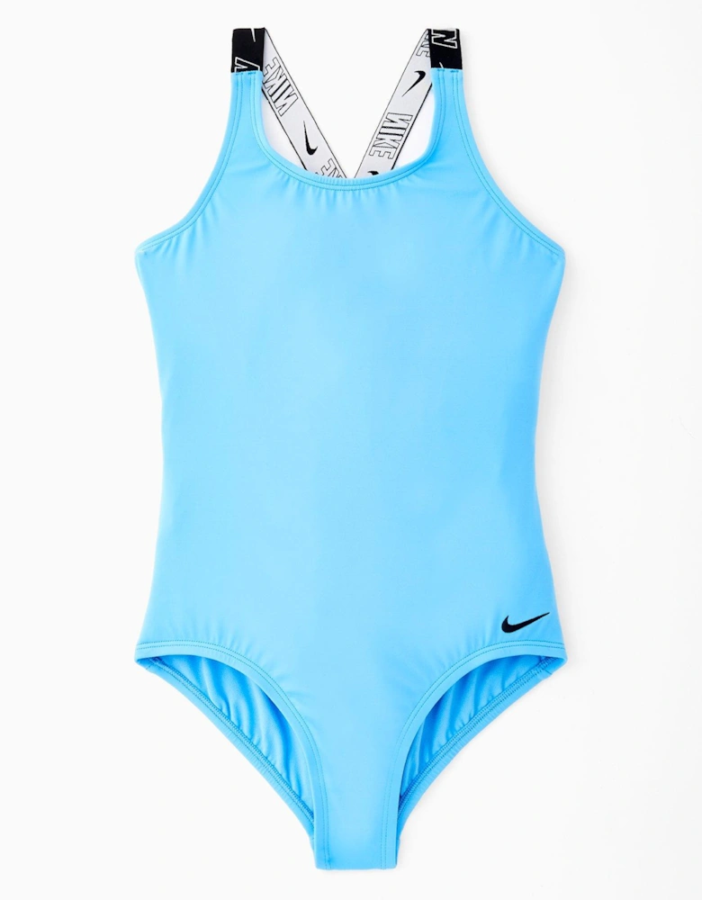 Girls Logo Taping Crossback One Piece Swimsuit - Blue