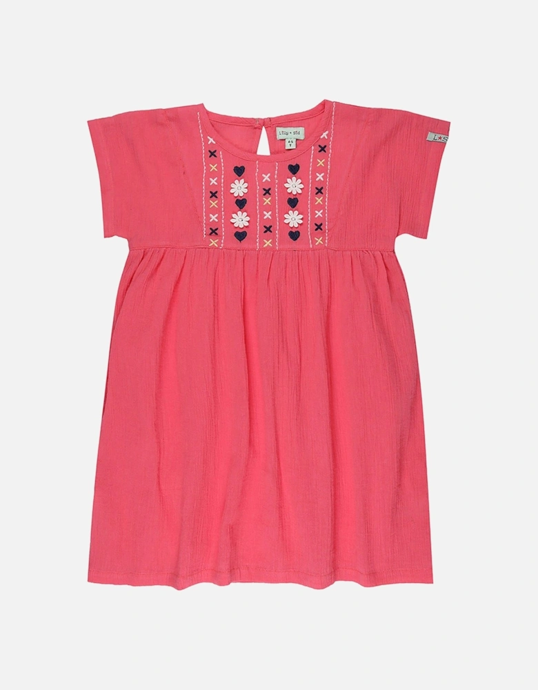 Girls Floral Embroidered Dress - Pink