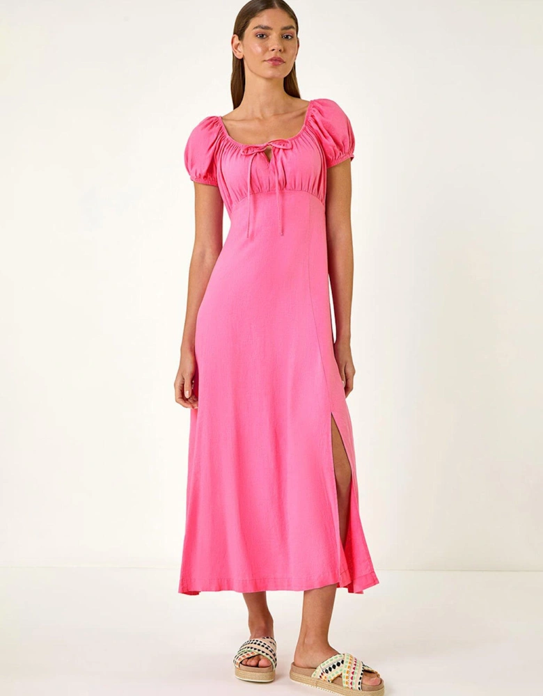 Puff Sleeve Linen Mix Midi Dress - Pink