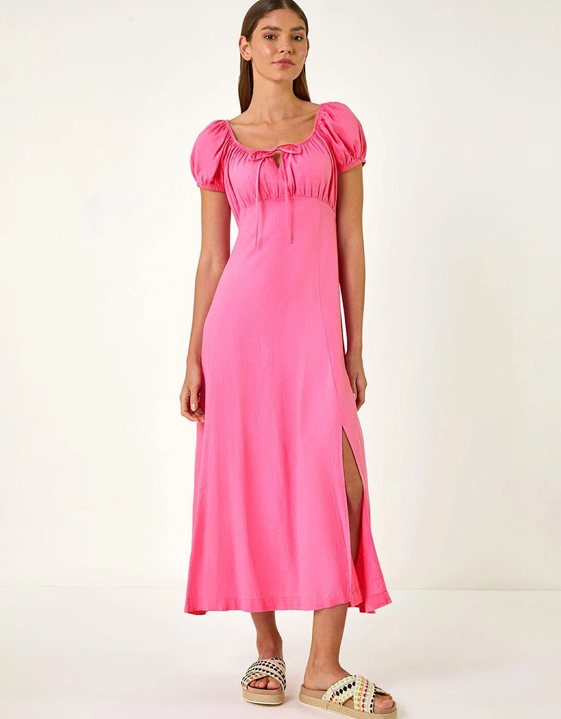 Puff Sleeve Linen Mix Midi Dress - Pink, 2 of 1