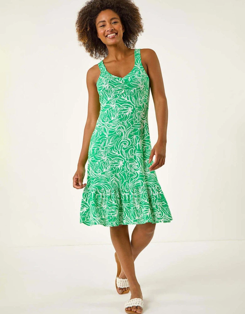 Leaf Print Strappy Frill Dress - Green