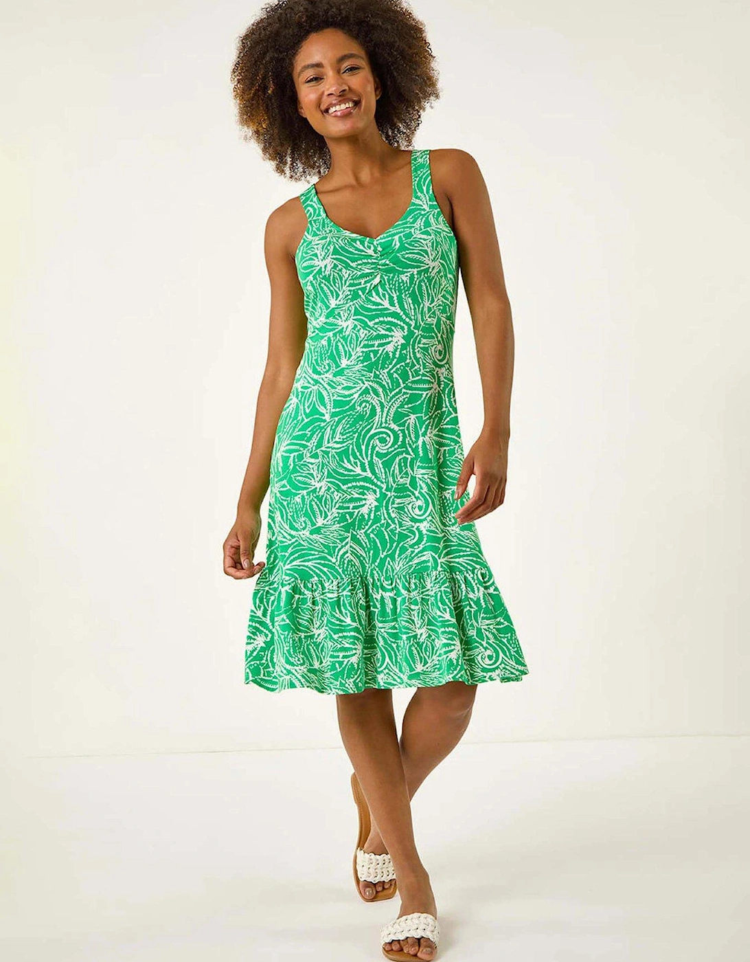 Leaf Print Strappy Frill Dress - Green, 2 of 1