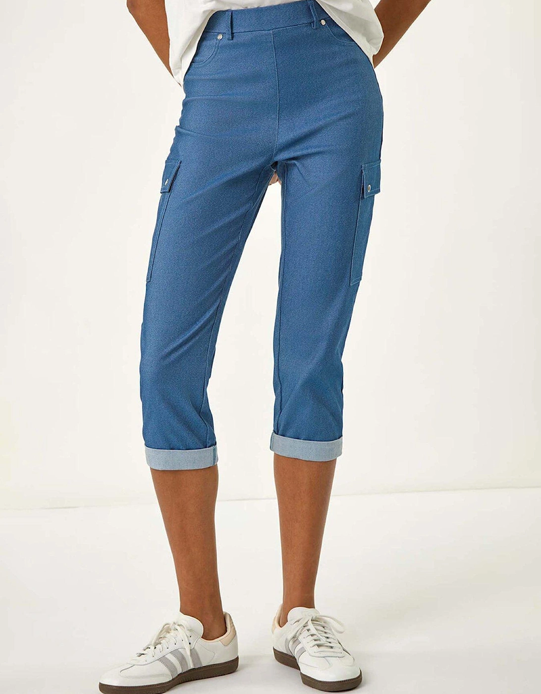 Turn Up Stretch Cropped Cargo Trousers - Denim, 2 of 1