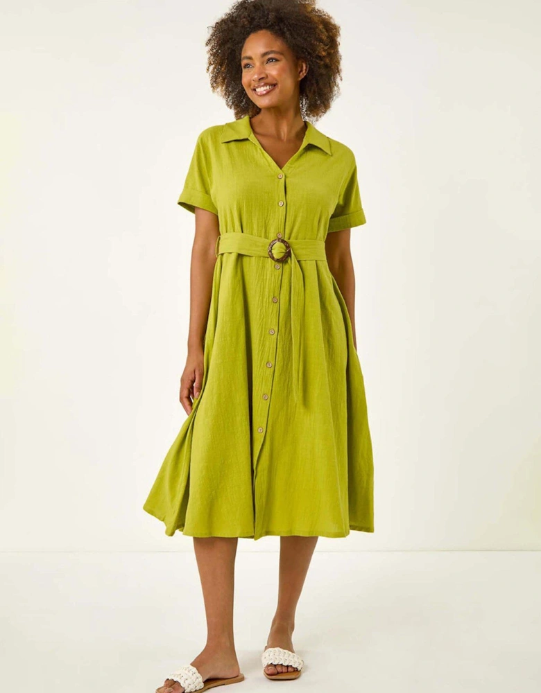 Linen Look Belted Shirt Dress - Lime