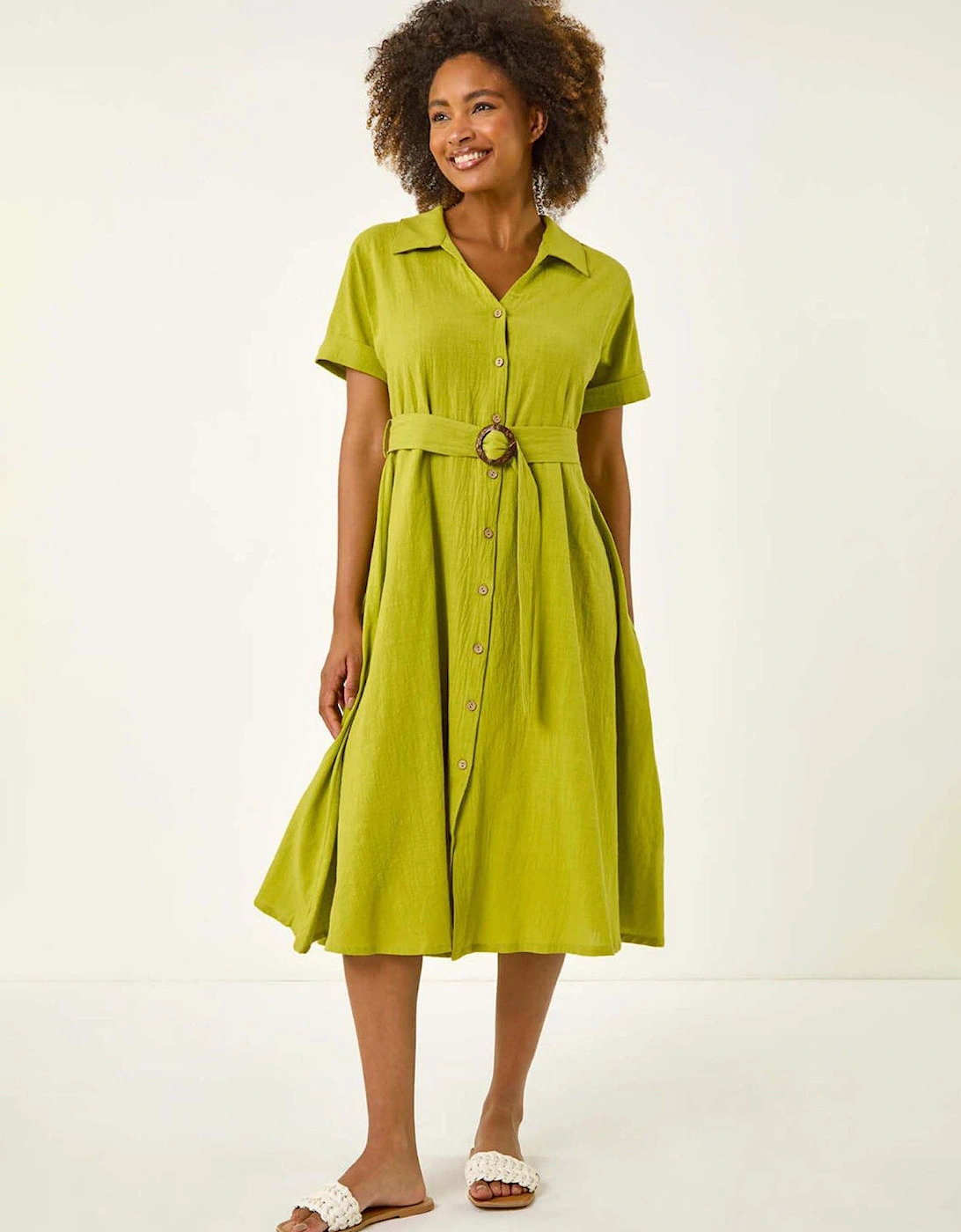 Linen Look Belted Shirt Dress - Lime, 2 of 1