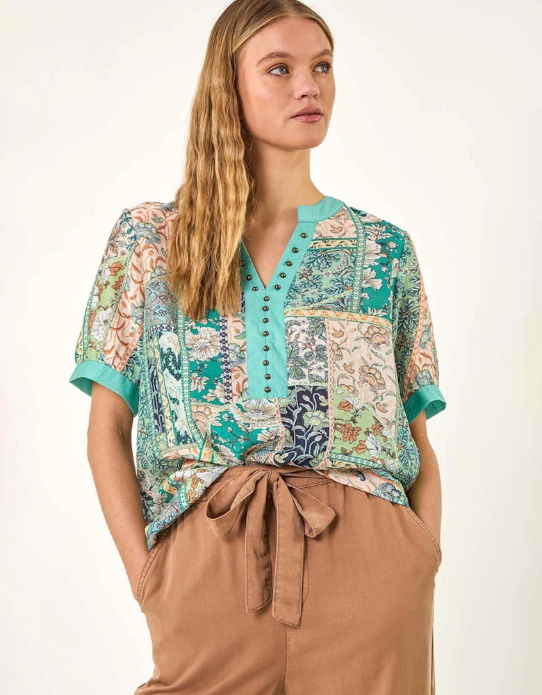 Patchwork Print V-neck Trim Detail Top - Blue
