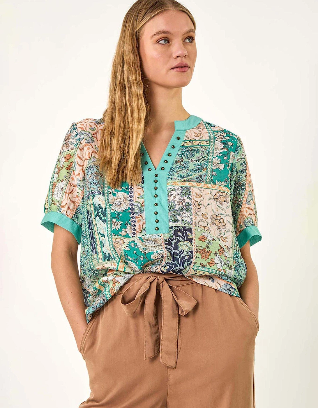 Patchwork Print V-neck Trim Detail Top - Blue, 2 of 1