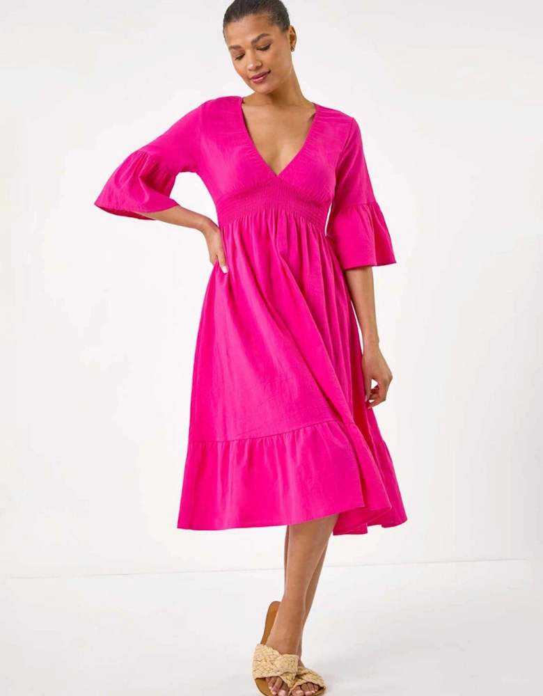 Linen Look Shirred Midi Dress - Fuchsia