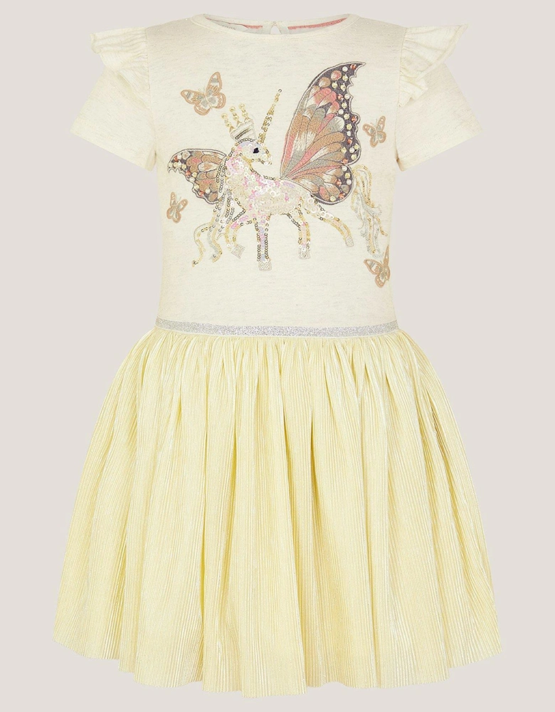 Girls Short Sleeve Unicorn Plisse Disco Dress - Light Cream