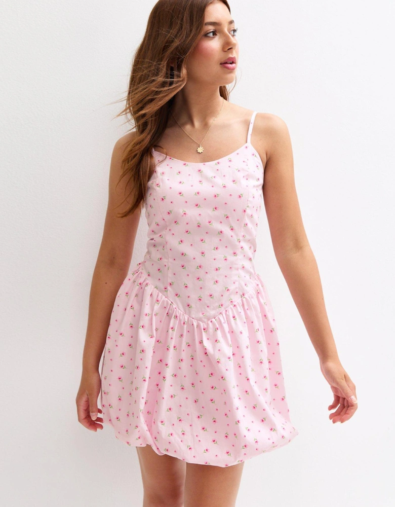 Girls Floral Print Puffball Dress - Pink