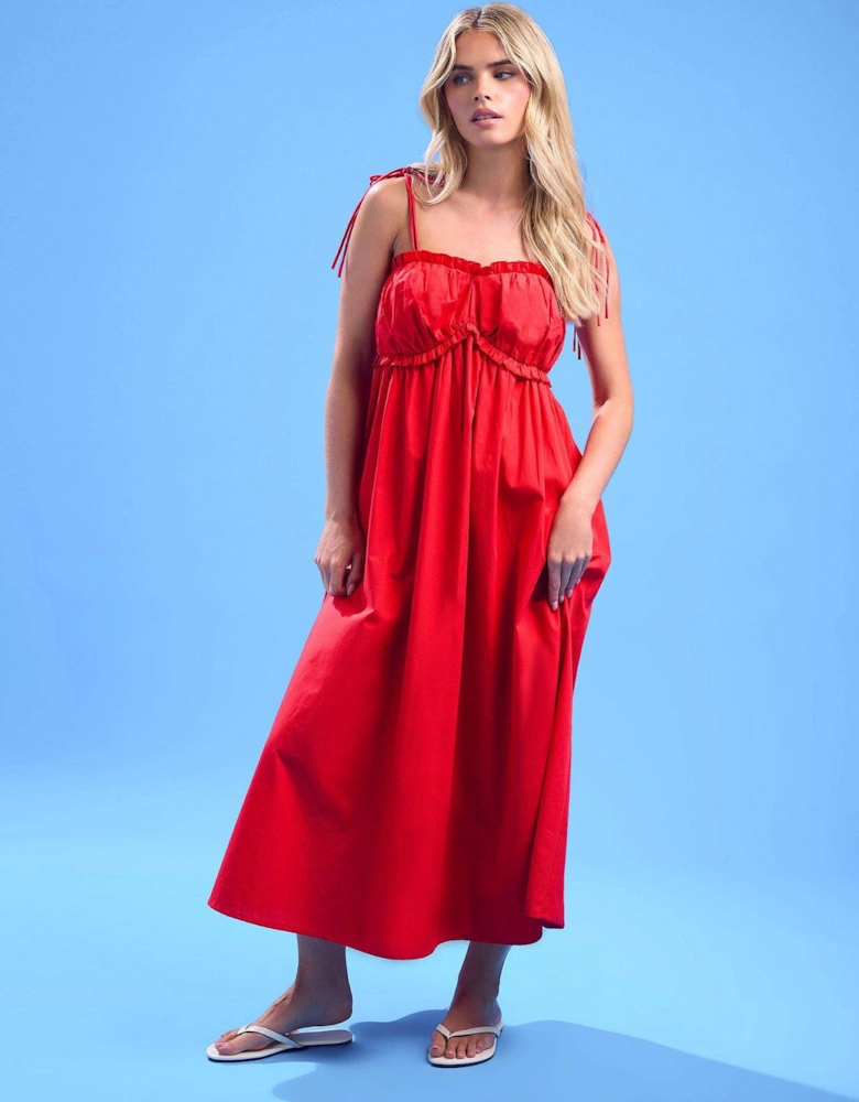 Petite Frill Tie Strappy Poplin Dress - Red
