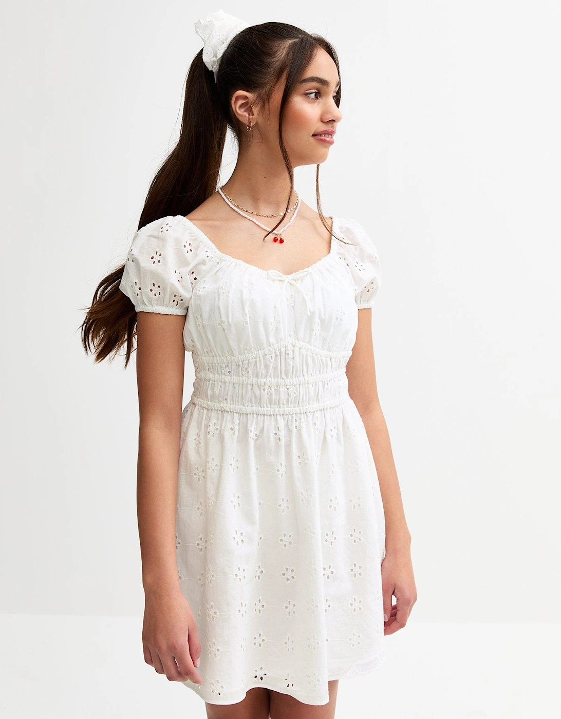 Girls Broderie Puff Sleeve Dress - White, 2 of 1