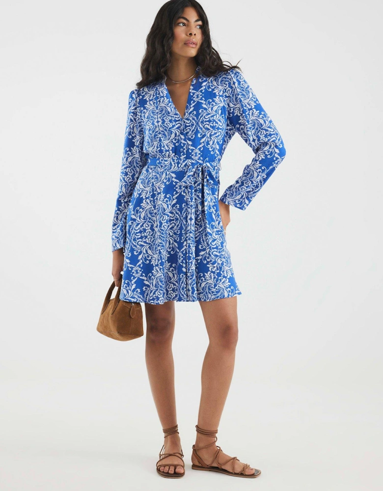 Tie Front Mini Shirt Dress - Blue
