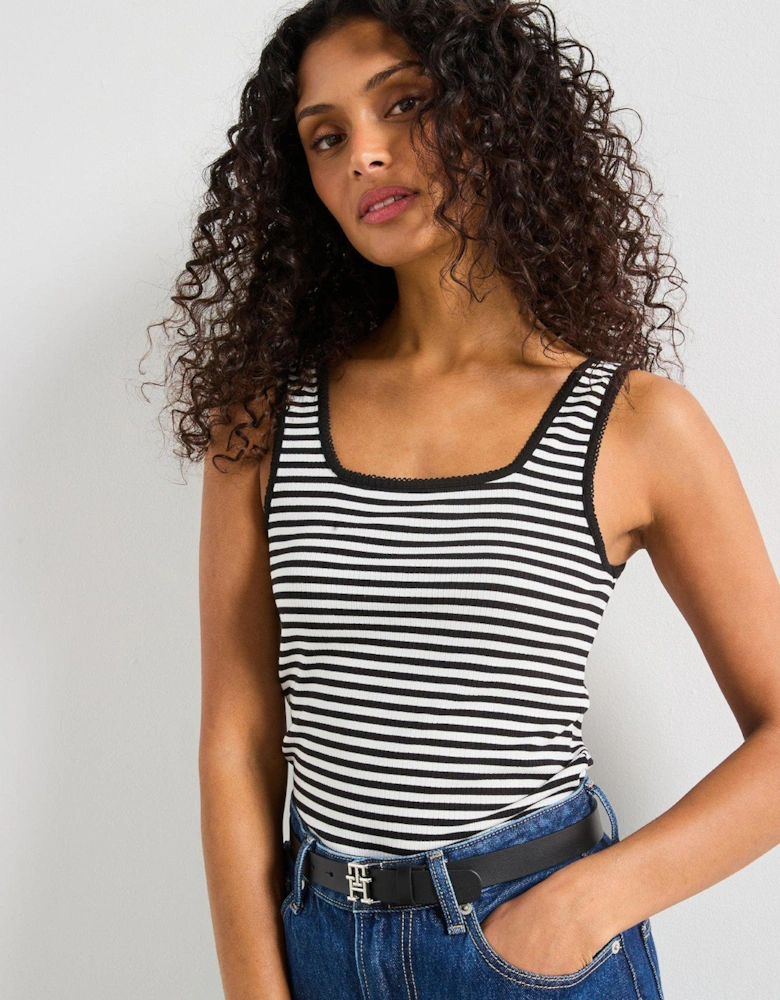 Ribbed Square Neck Slim Tank Top - Black