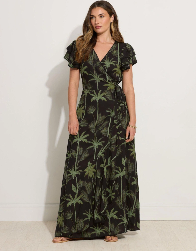 Tropical Frill Sleeve Maxi Dress - Black