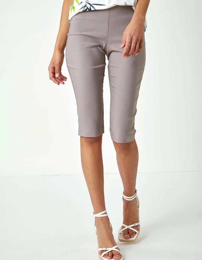 Elastic Waist Knee Length Stretch Shorts - Taupe