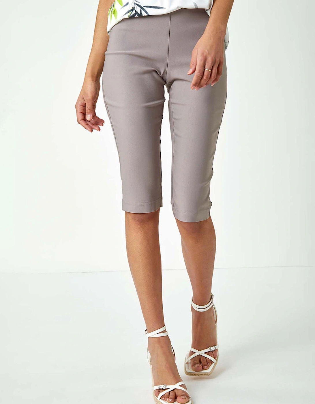 Elastic Waist Knee Length Stretch Shorts - Taupe, 2 of 1