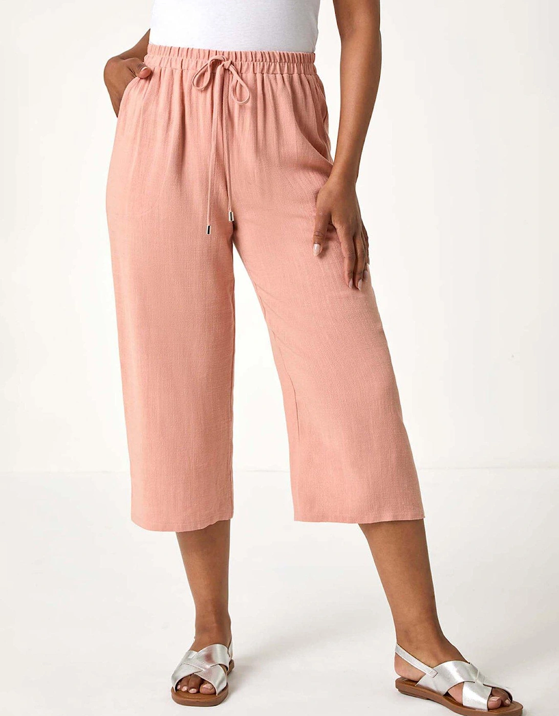 Petite Linen Mix Wide Cropped Trousers - Pink, 2 of 1