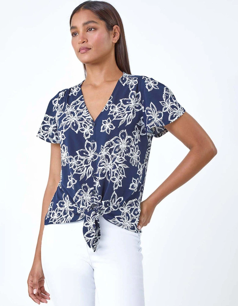 Textured Floral Print Tie Front Top - Navy