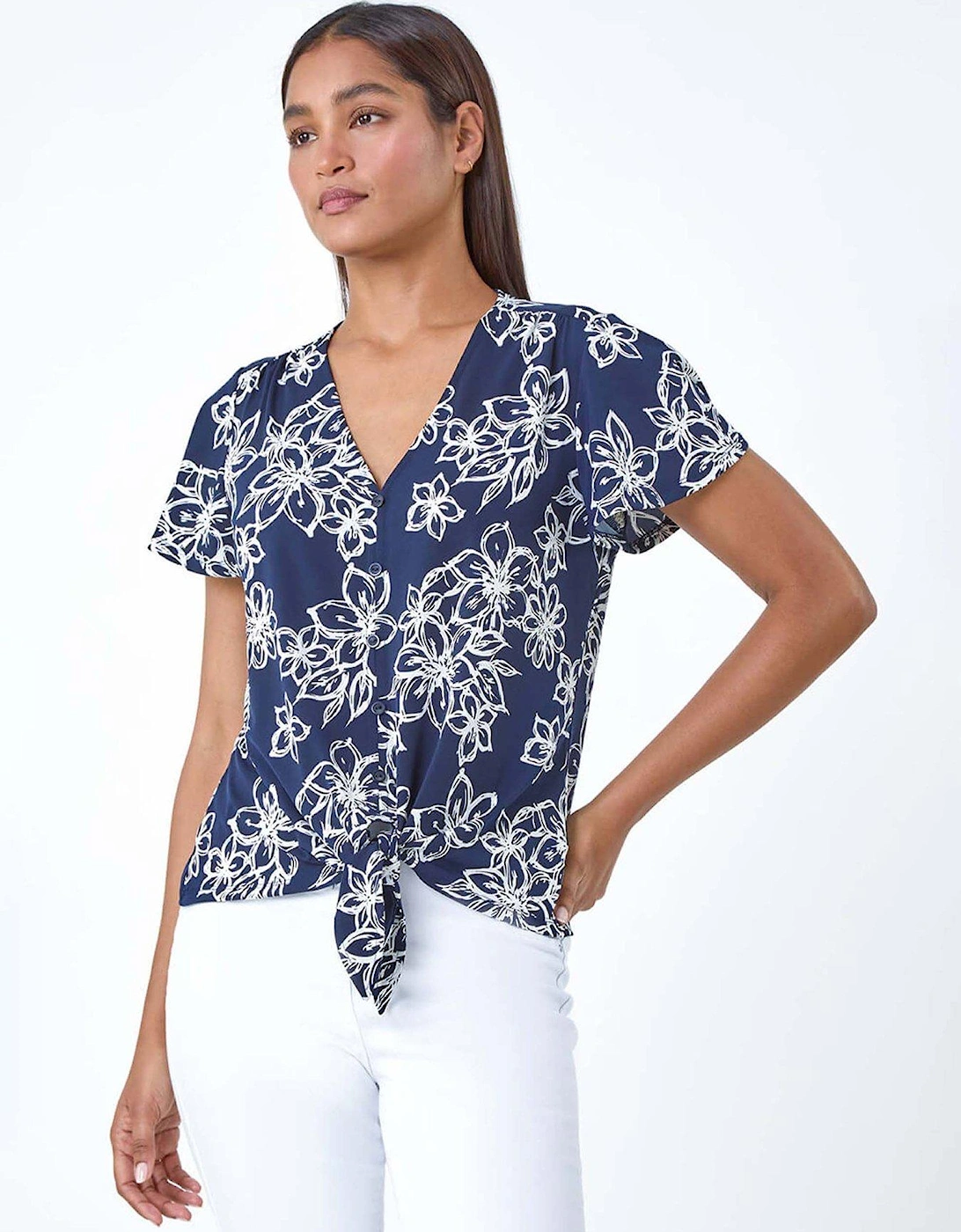 Textured Floral Print Tie Front Top - Navy, 2 of 1