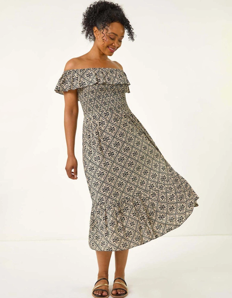 Petite Geo Print Bardot Midi Dress - Grey