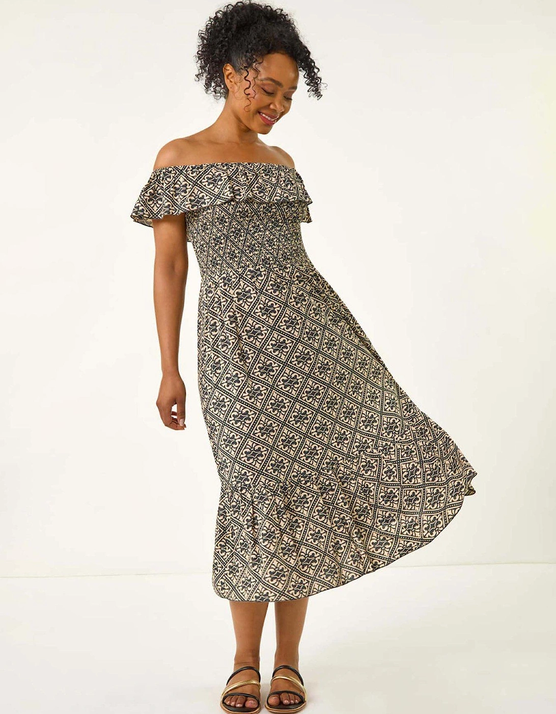 Petite Geo Print Bardot Midi Dress - Grey, 2 of 1