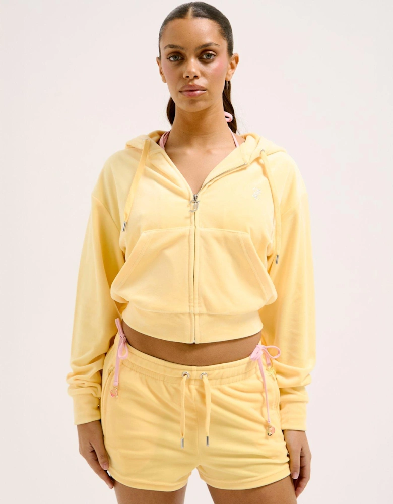 Tina Classic Velour Track Shorts With Diamante Logo - Yellow