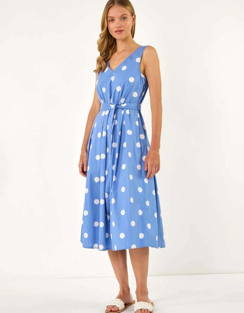 Spot Print Belted Midi Dress - Blue