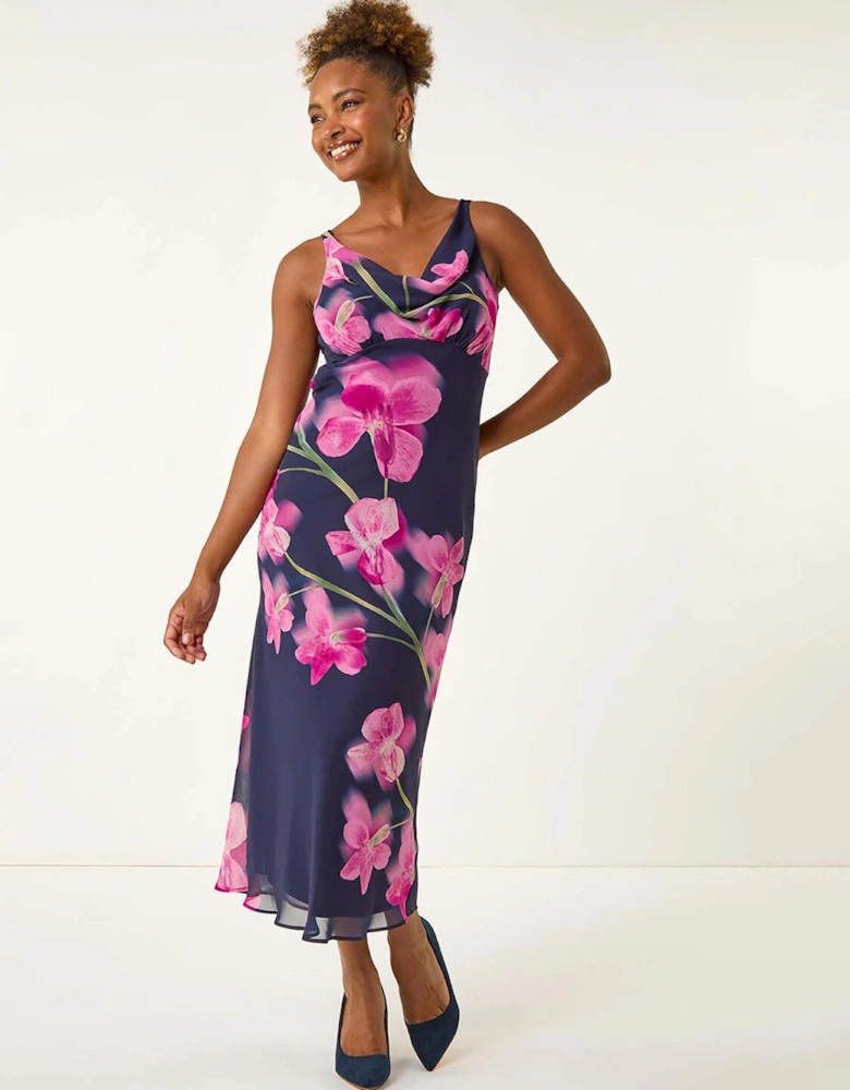 Floral Print Cowl Neck Midi Dress - Navy