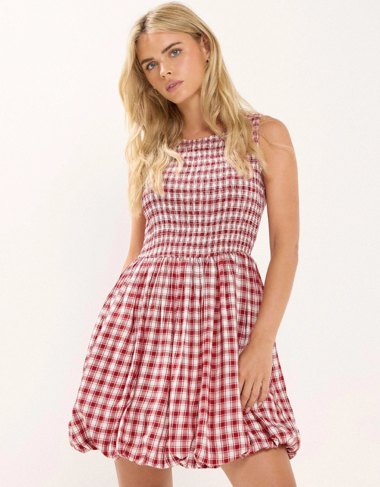Petite Check Shirred Puffball Mini Dress - Red