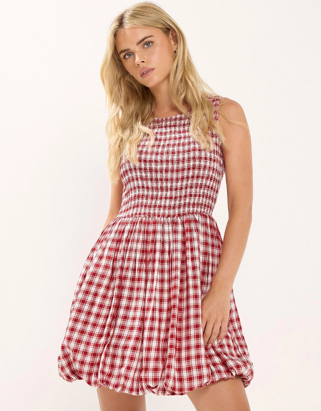 Petite Check Shirred Puffball Mini Dress - Red, 2 of 1