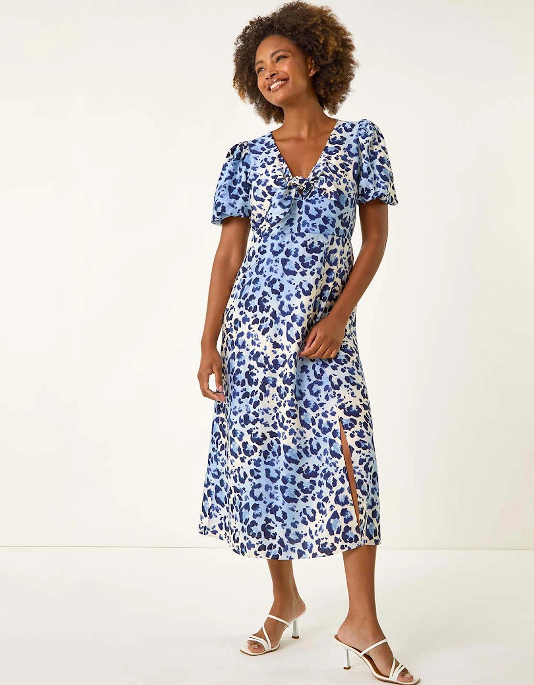 Animal Print Tie Front Midi Dress - Blue, 2 of 1