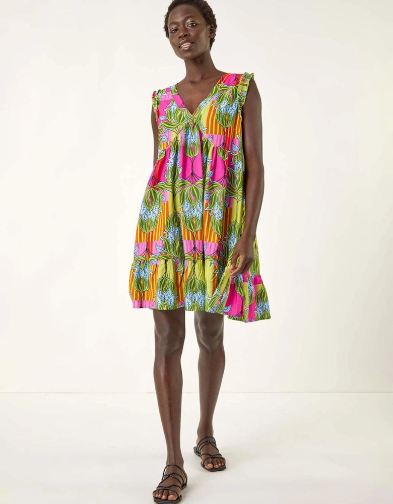 Leaf Print Frilled Smock Dress - Fuchsia