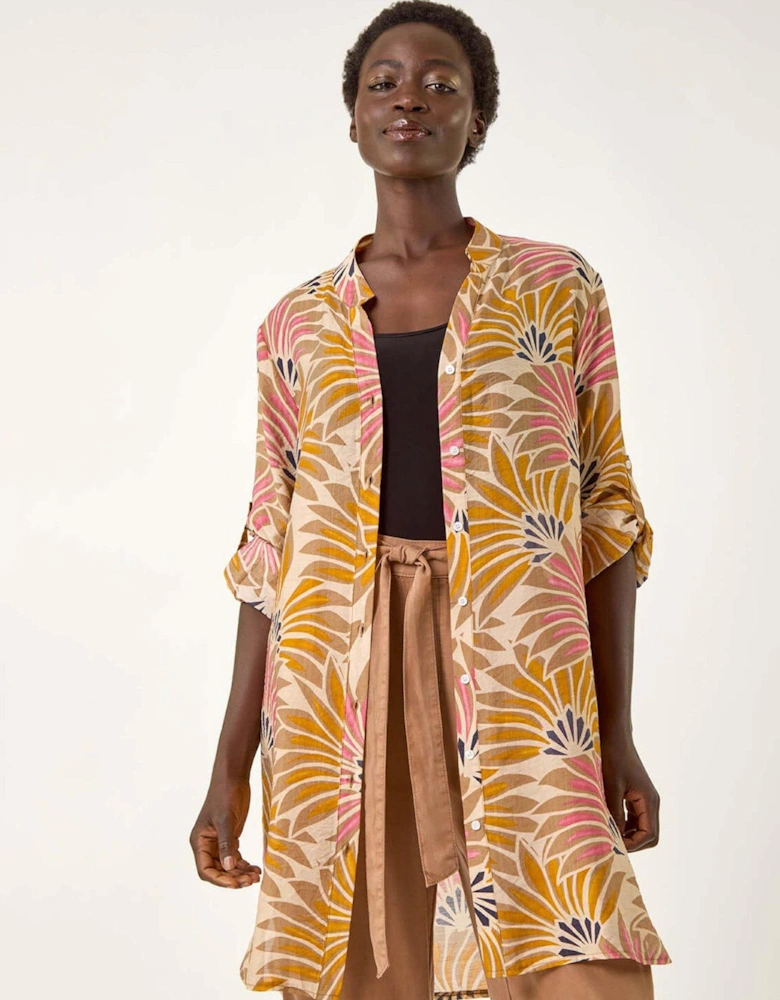 Fan Print Longline Button Blouse - Stone