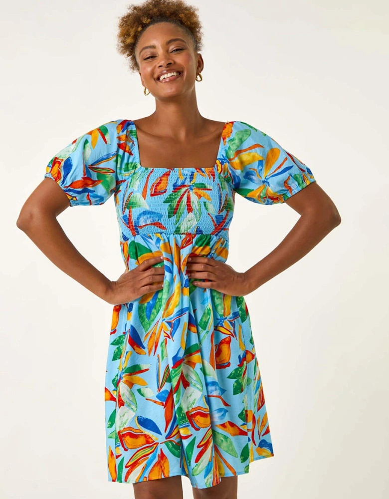 Leaf Print Shirred Short Dress - Light Blue