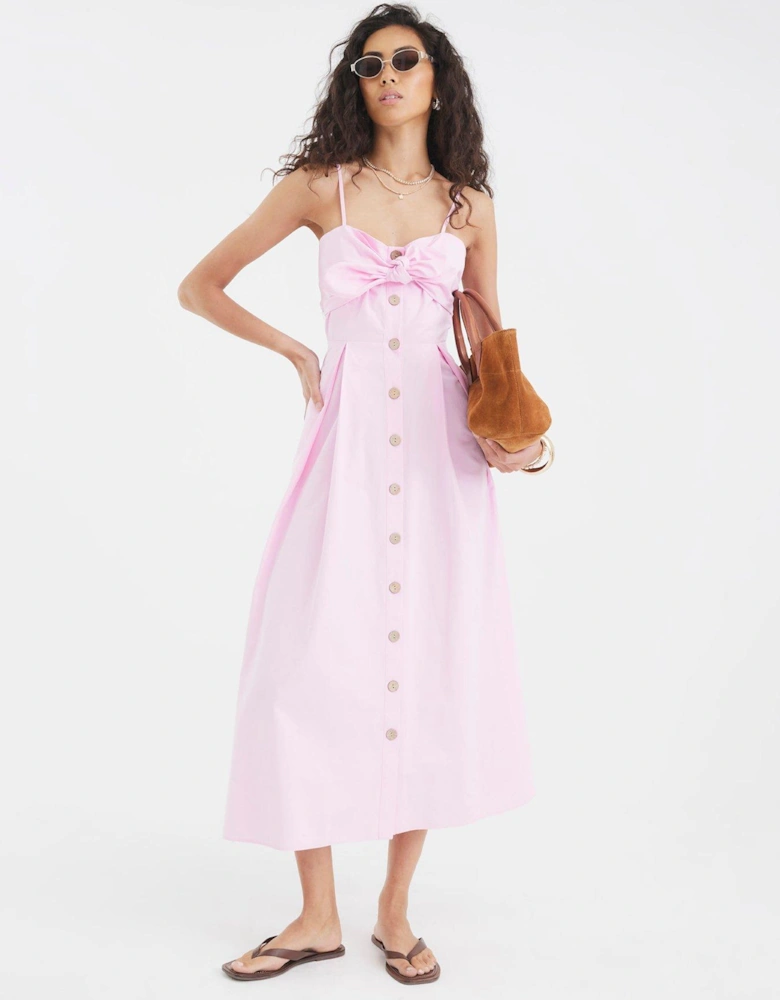 Midi Bow Button Up Dress - Pink