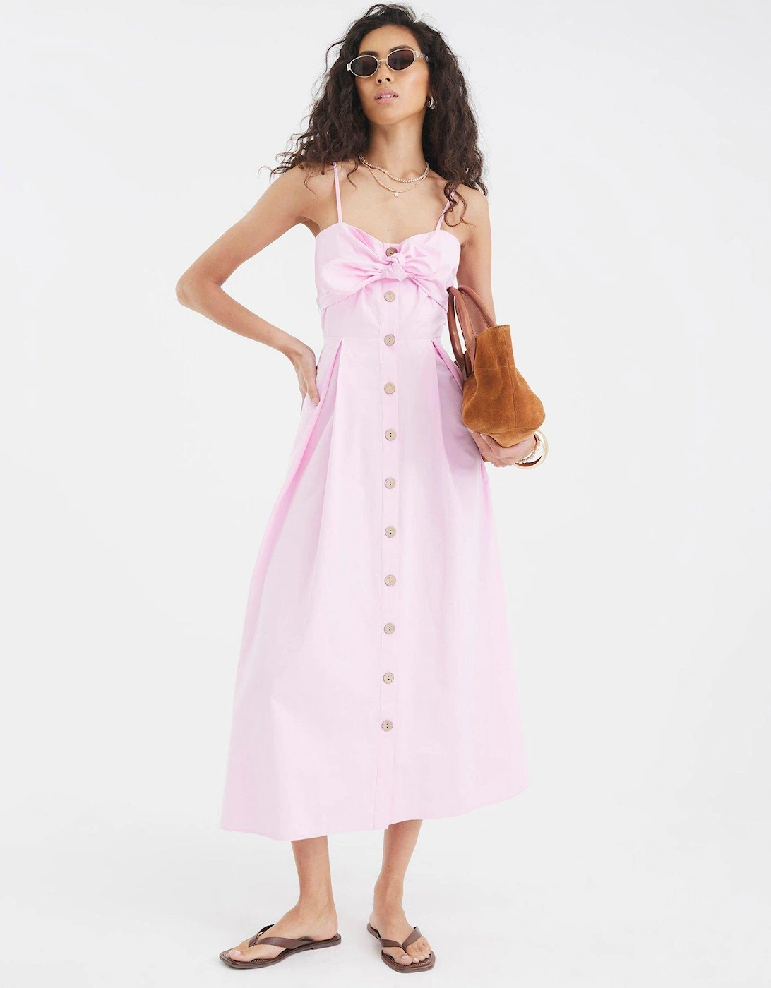 Midi Bow Button Up Dress - Pink, 2 of 1