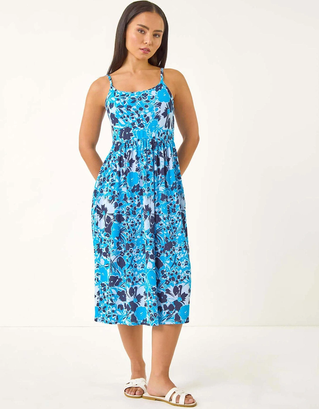 Petite Floral Print Strap Midi Dress - Blue, 2 of 1