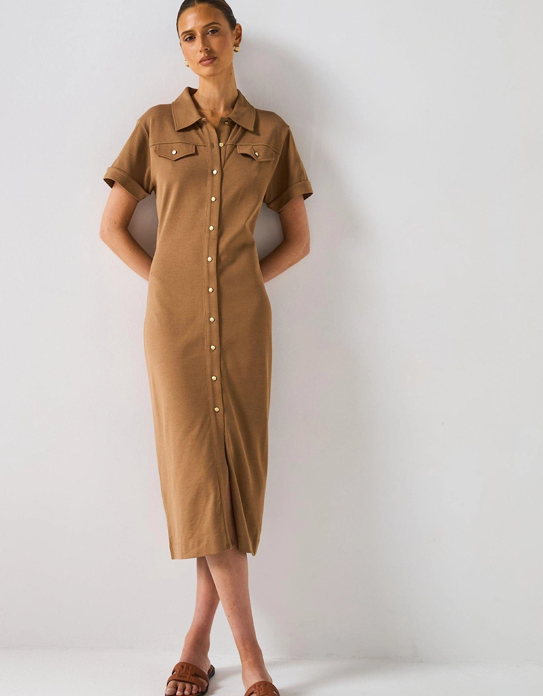 Short Sleeve Gold Button Midi Shirt Dress - Brown, 2 of 1
