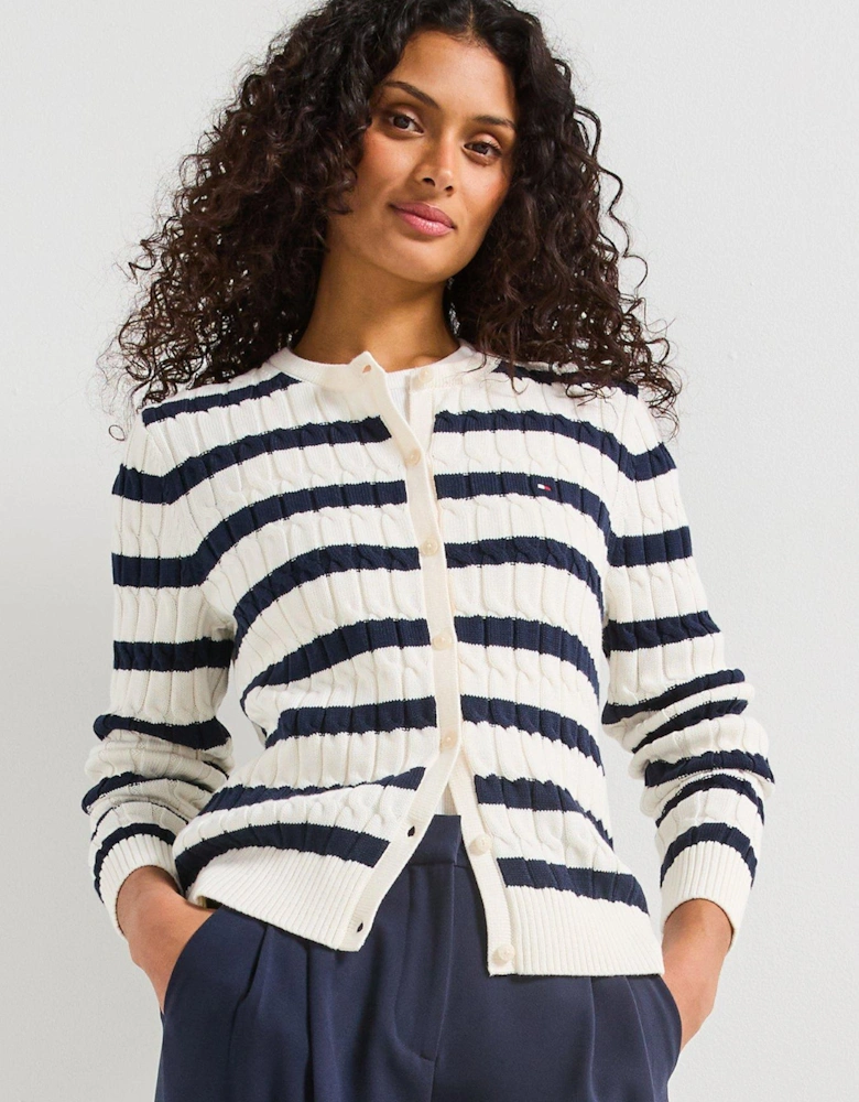 Long Sleeve Cable Knit Striped Cardigan - White